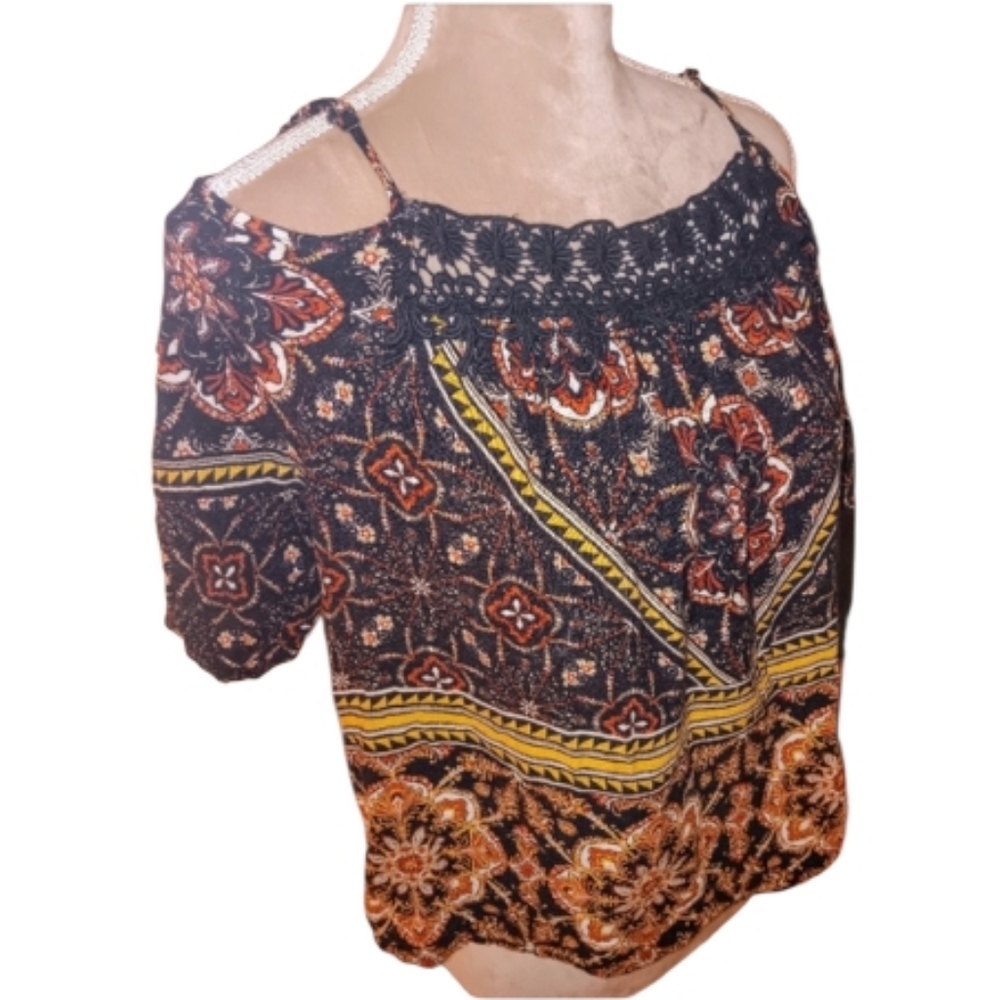 Meraki ~ Boho Black Tan Geometric Cold Shoulder Blouse with Crochet Neckline (L)
